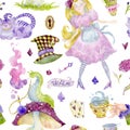 Seamless pattern with Alice, Cheshire Cat, caterpillar on mushroom, hat, key..